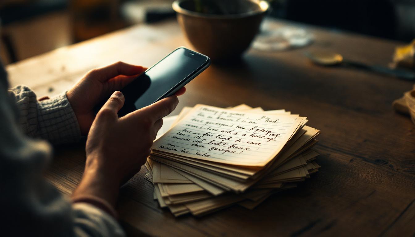 Hands hovering a phone over a stack of handwritten recipe cards