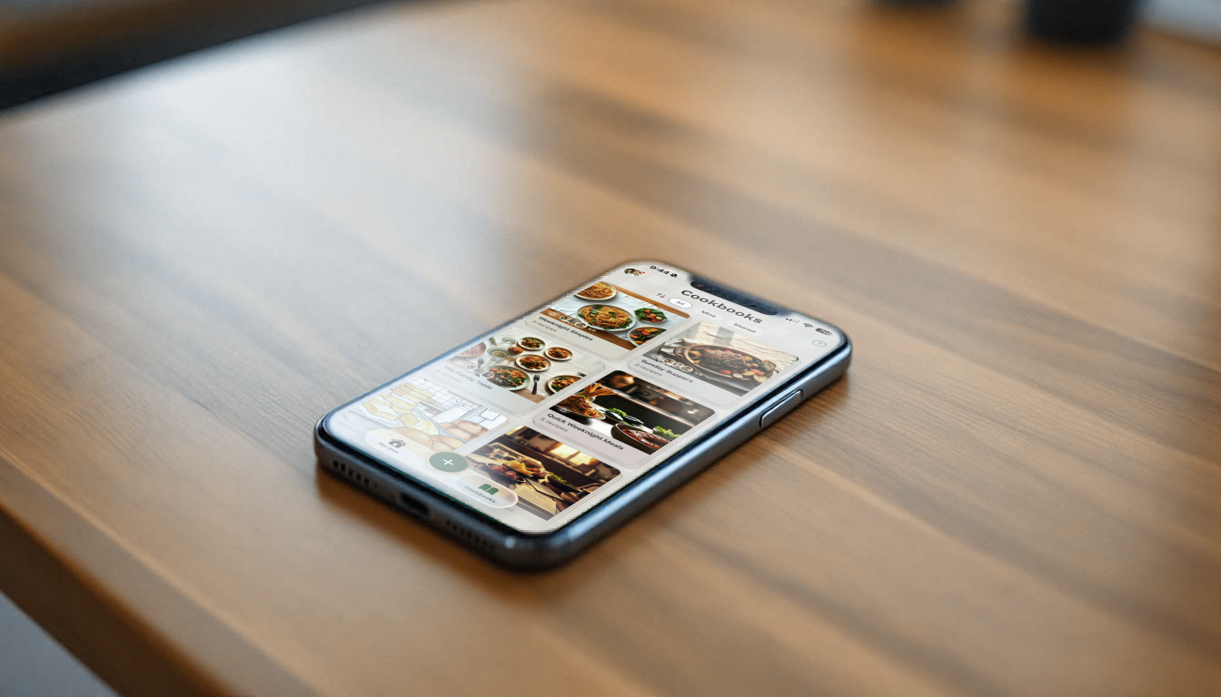 Phone laying on a wood table showing the Heirloom cookbooks library