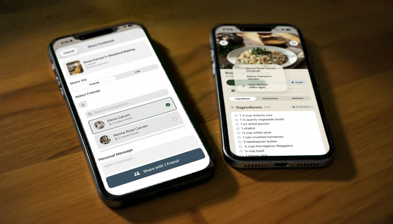 Two phones on a wooden table — sender's share sheet and recipient's lineage view