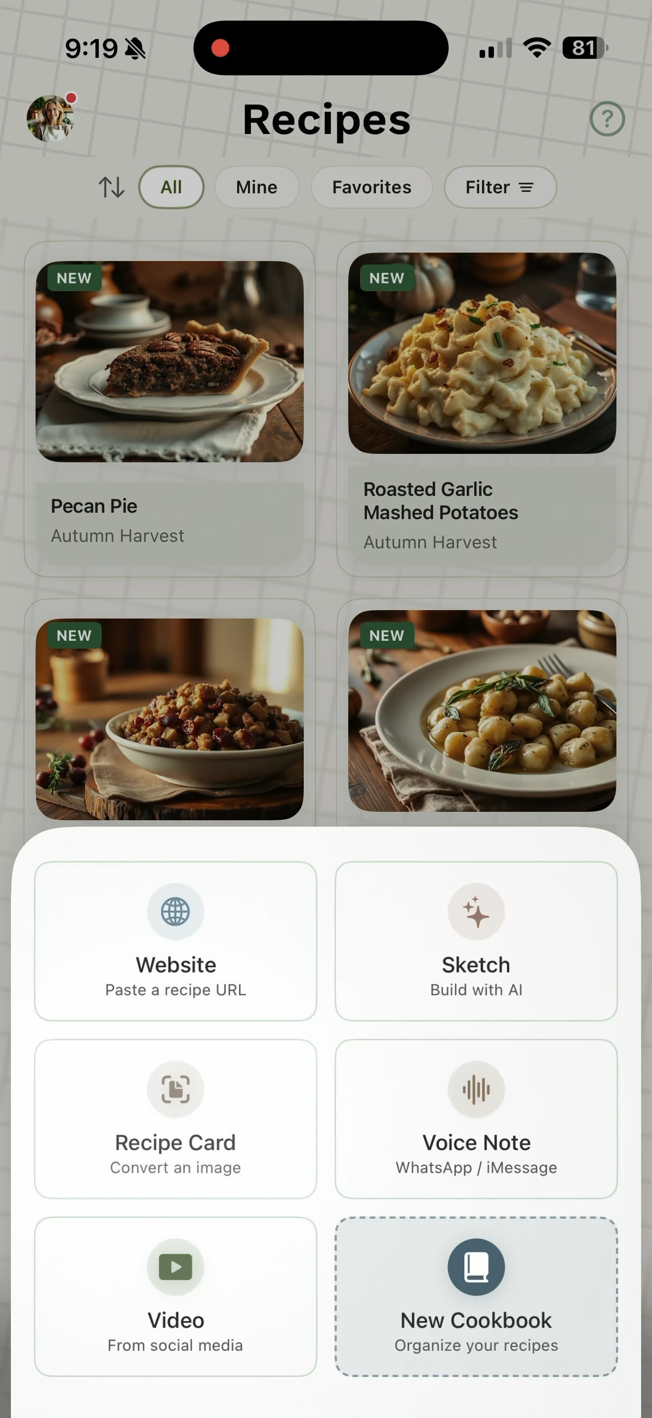 Heirloom capture sheet showing six input modes including Recipe Card for handwritten recipes