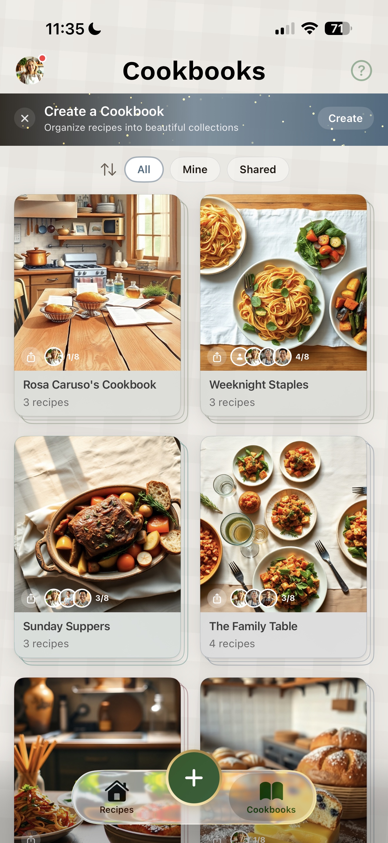 Cookbooks tab showing multiple cookbooks: Weeknight Staples, Sunday Suppers, The Family Table, Quick Weeknight Meals